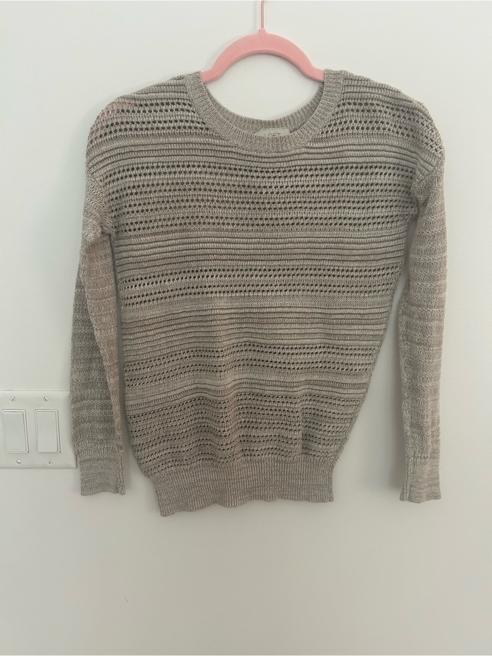 LOFT Women’s Small Open Knit Sweater Beige Taupe Lightweight Crewneck Pullover